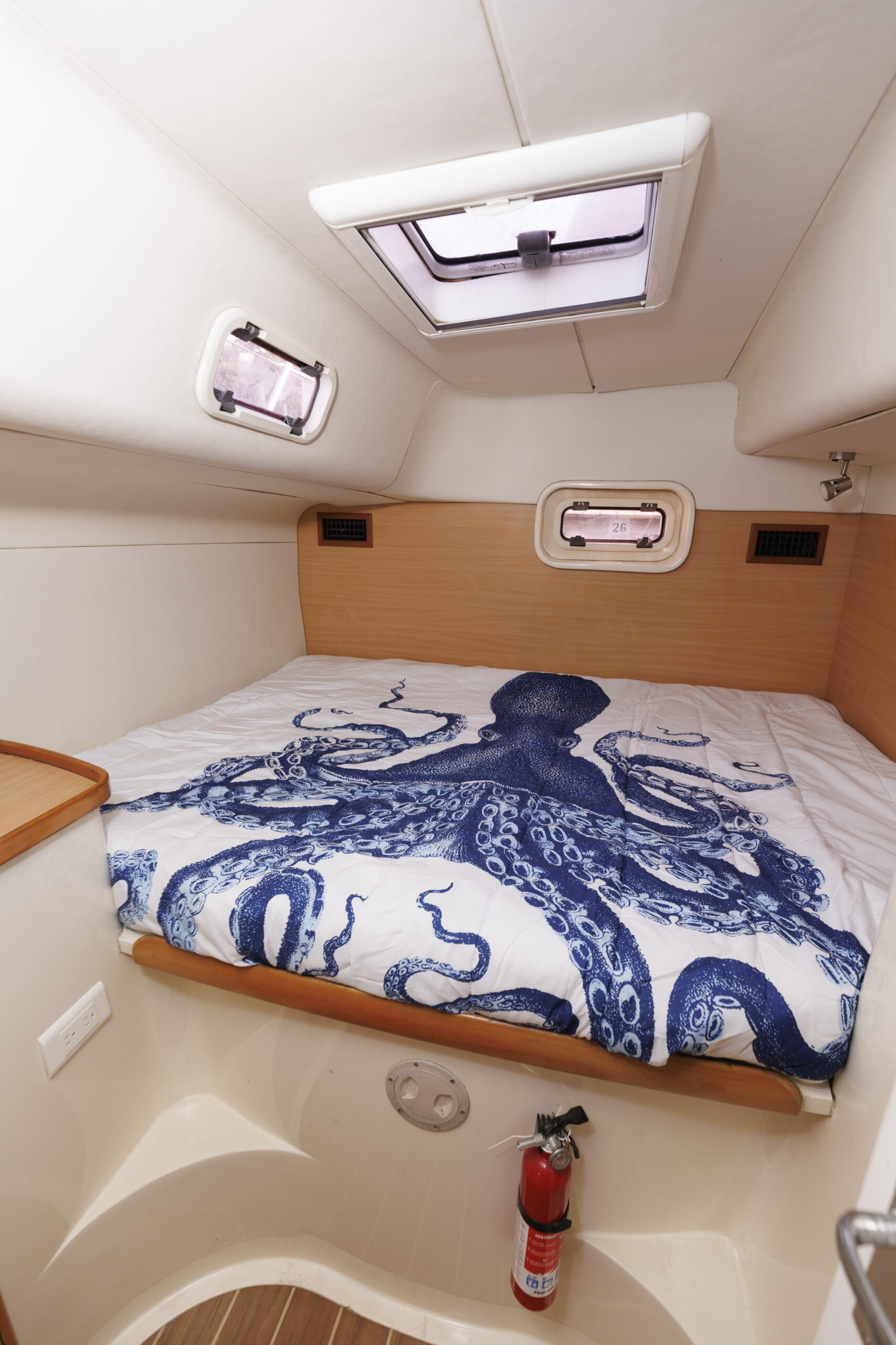 A bed with an octopus on it in the back of a boat.